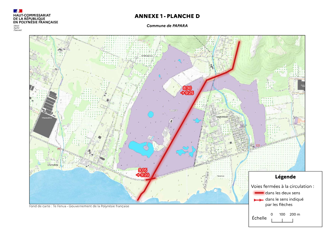 Interdiction de circulation et de stationnement de 9 h 05 à 9 h 25 à Papara sur la zone rouge Crédit : Haut-Commissariat