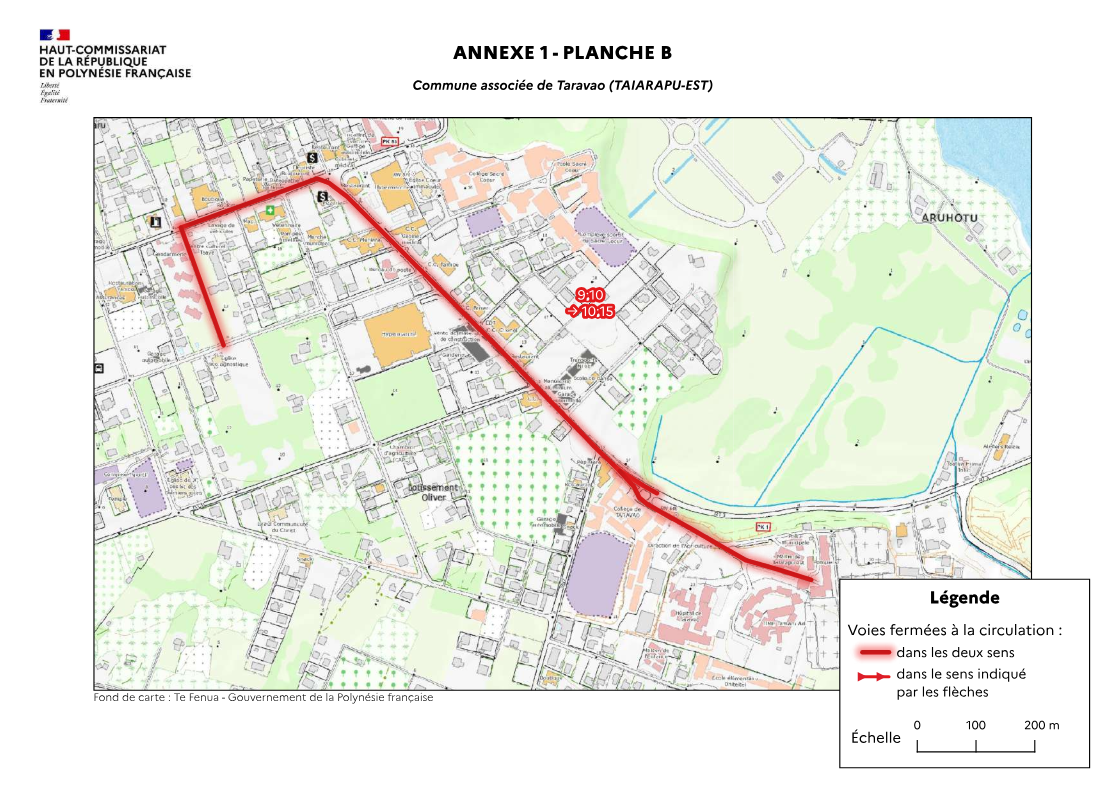 Interdiction de circulation et de stationnement de 9 h 10 à 10 h 15 à Taravao sur la zone rouge Crédit : Haut-Commissariat