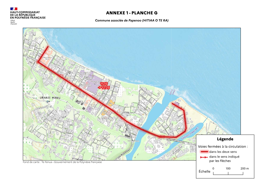 Interdiction de circulation et de stationnement de 11 h 15 à 12 h 25 à Hitia’a o te Ra sur la zone rouge Crédit : Haut-Commissariat