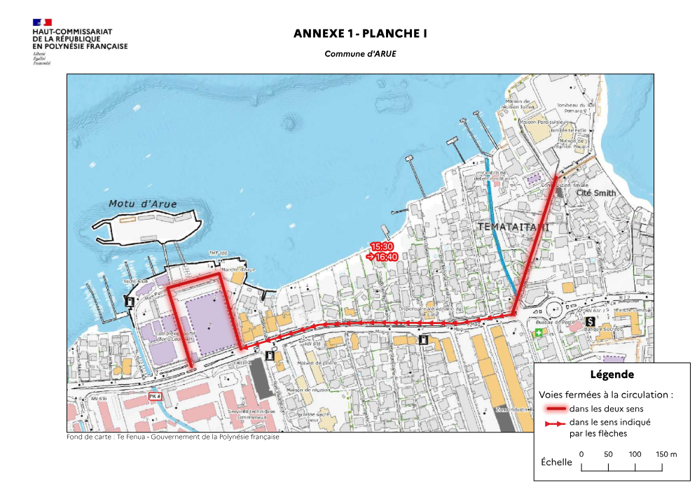 Interdiction de circulation et de stationnement de 15 h 30 à 16 h 40 à Arue sur la zone rouge.  Crédit : Haut-Commissariat