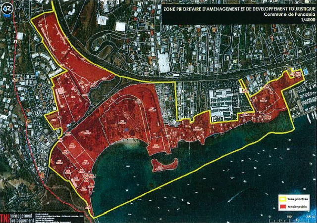 Délimitation du territoire de la zone prioritaire d'aménagement et de développement touristique "Zone de Mahana Beach" lors de la toute première présentation du projet en novembre 2013.