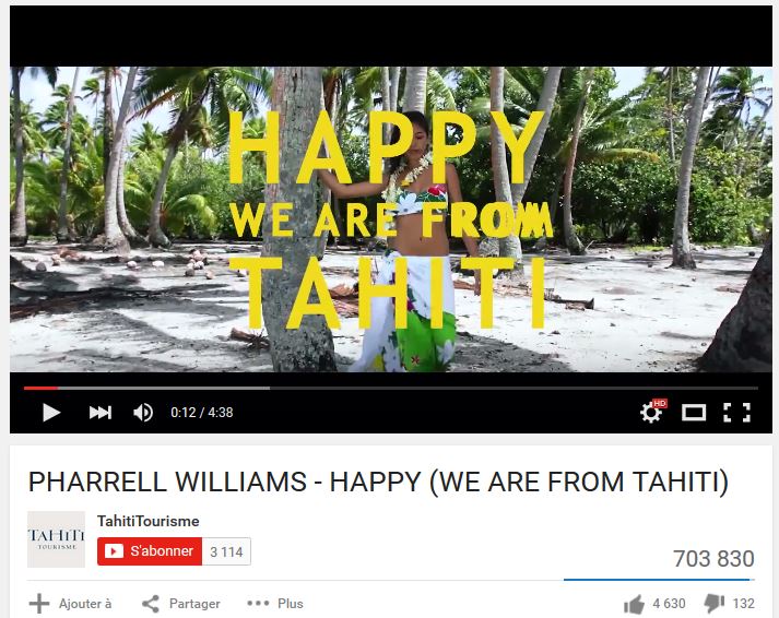 Le GIE Tahiti Tourisme à son meilleur avec ce clip reprenant Happy de Pharrel Williams, version tahitienne, qui approche le million de vues sur YouTube.