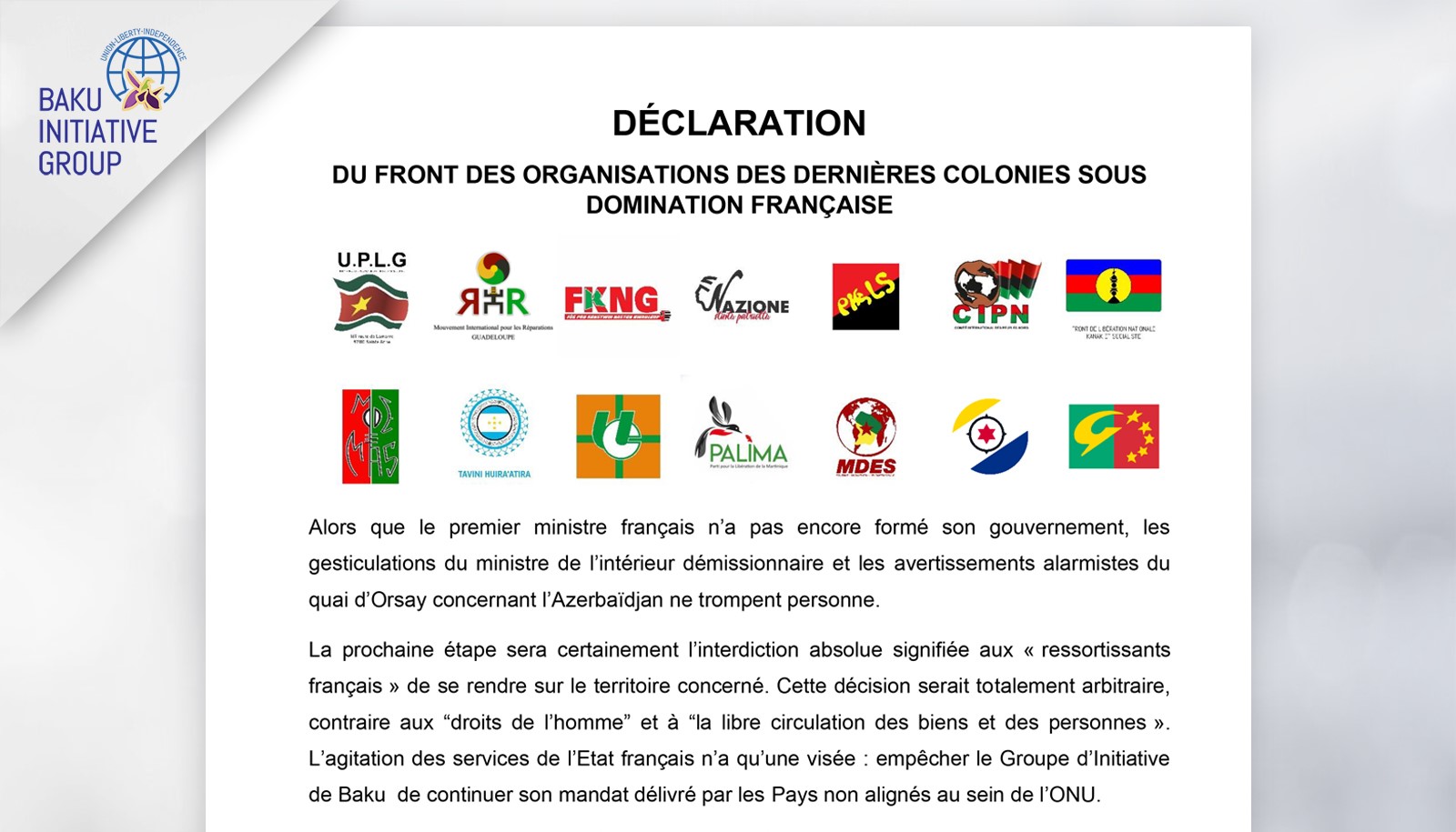​Le Groupe d’Initiative de Bakou ne tolère pas l’attitude de la France