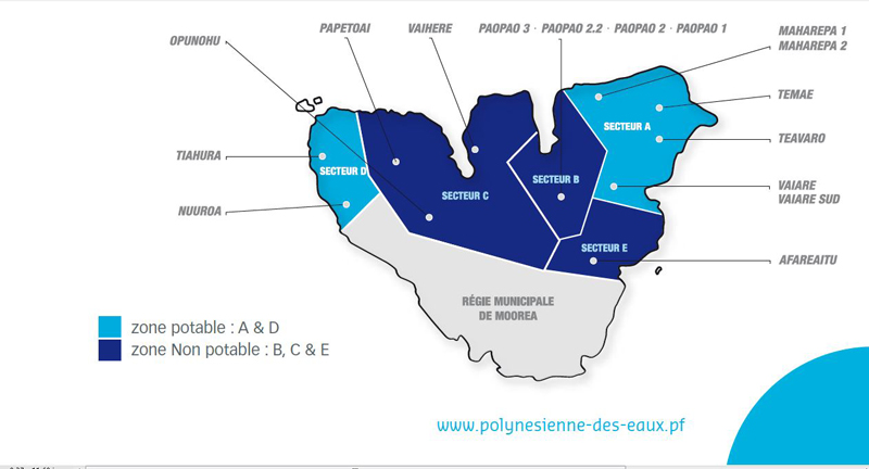 Pour la distribution de l'eau, l'île de Moorea est découpée en six zones distinctes. Pour l'instant, seuls deux secteurs sont fournis en eau potable. (Source Polynésienne des Eaux).
