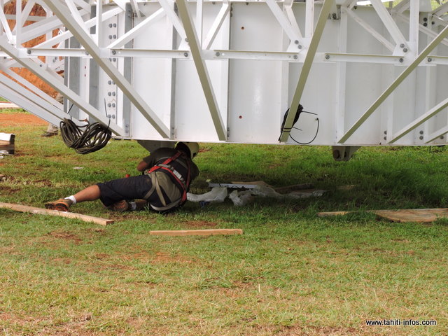 Une fois, la parabole soulevée, un technicien d'une société privée a dû se rendre sous la parabole pour retirer les boulons. Une manœuvre délicate et dangereuse.