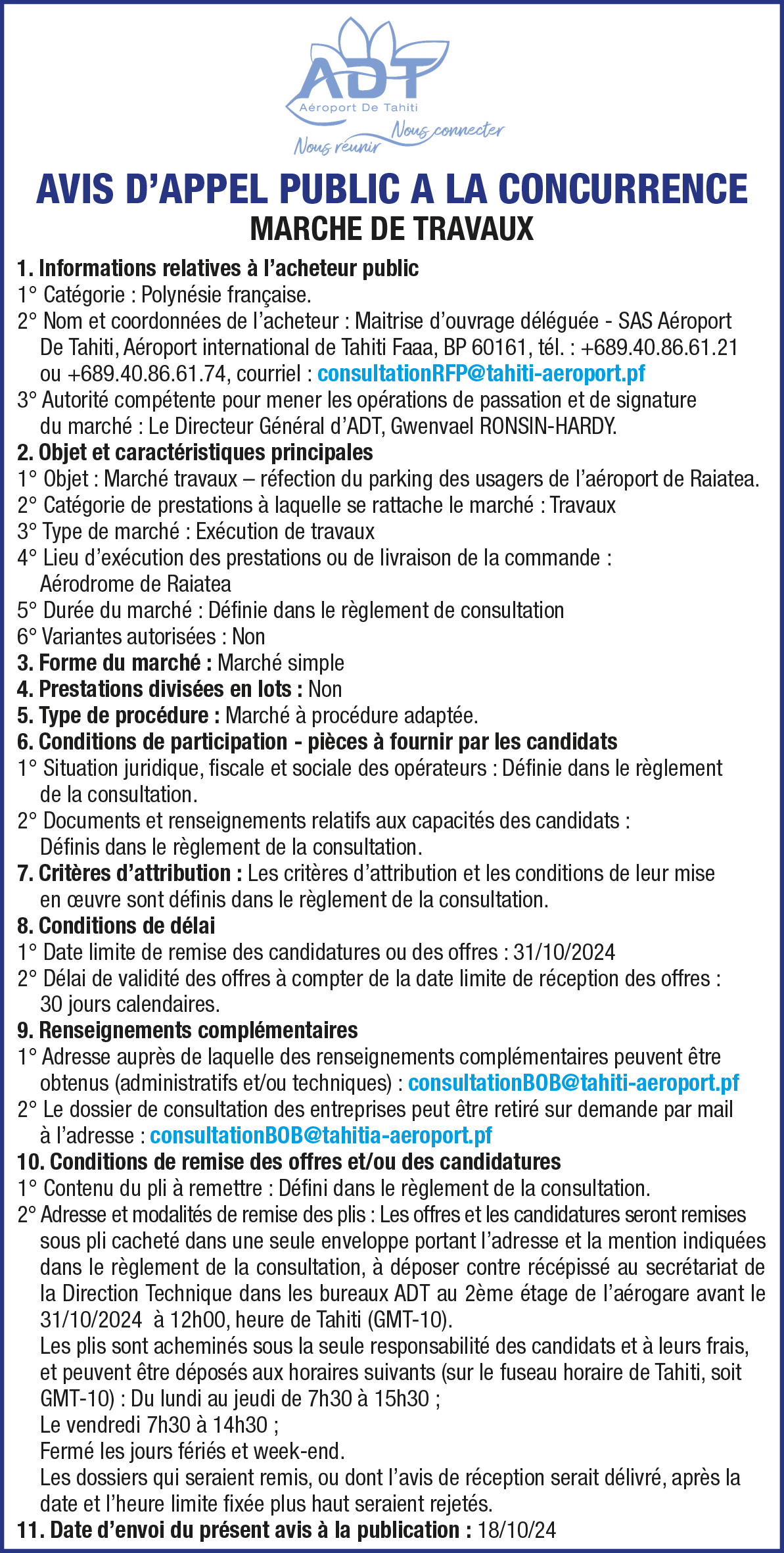 L’AÉROPORT DE TAHITI LANCE UN AVIS D'APPEL PUBLIC A LA CONCURRENCE: RÉFECTION DU PARKING DES USAGERS DE L’AÉROPORT DE RAIATEA
