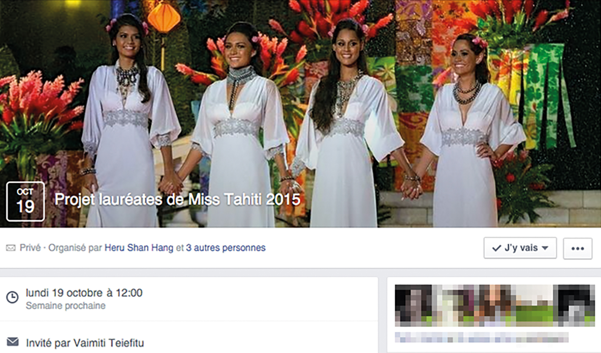 Pour assurer leur déplacement à Paris, les dauphines de Miss Tahiti 2015, organisent des ventes de plats sur une page privée de facebook. "Nous n'avons pas voulu organiser une grande vente de plats parce que cela risquerait de nous demander trop de travail à gérer. Donc, nous avons décidé de nous rapprocher de nos amis sur facebook", explique Heru Shan Hang, Miss Heiva, et de poursuivre, "c'est vrai qu'il y a du monde qui nous propose leur aide, ils peuvent toujours nous laisser des messages de soutien sur nos pages officielles de facebook".
