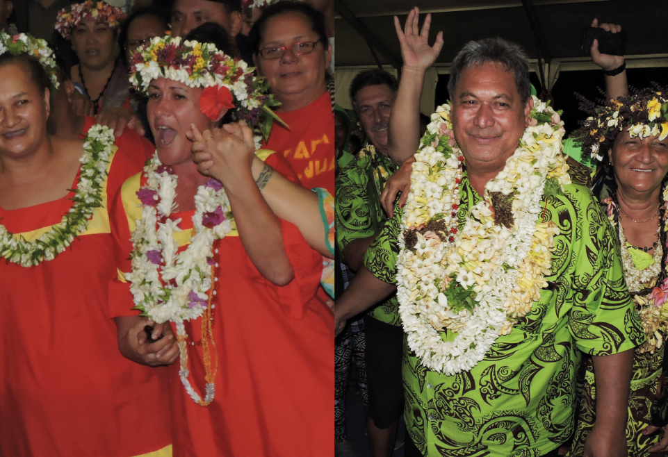 Béatrice Legayic félicitée après l'annonce des résultats.  Putai Taae avec sa liste "A Here ia Papara" a eu le soutien du président du Pays. Avec trois voix en moins par rapport à la candidate orange, il se dit confiant pour le second tour