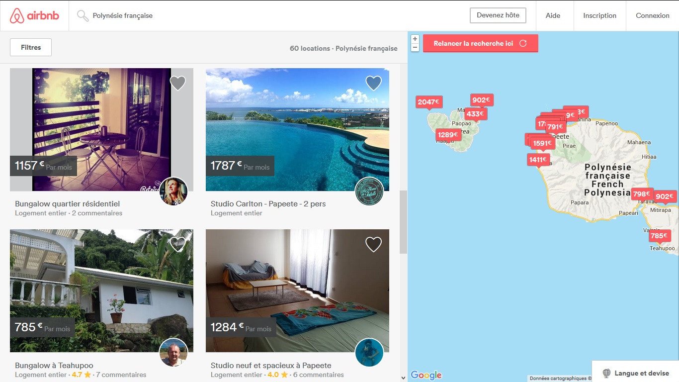 Sur AirBnB, 60 maisons, chambres ou villas sont à louer à Tahiti ou Moorea pour février prochain.