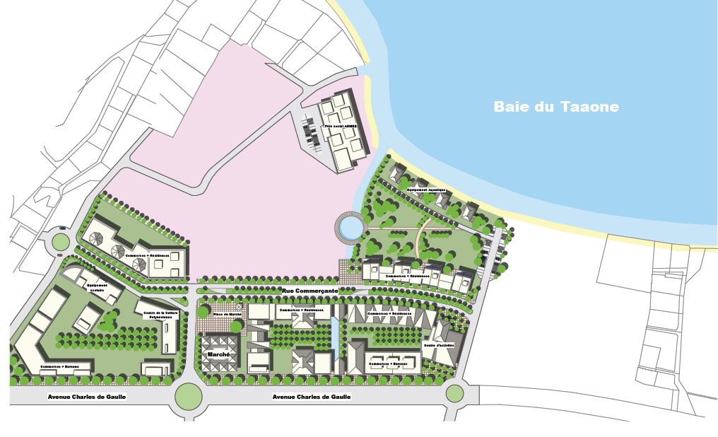 Une vue de la première phase du projet d'aménagement urbain de Pirae sur le site de Aorai Tini Hau pour les dix prochaines années. Entre 2016 et 2017, il y aura la création de l'esplanade littorale et de l'allée centrale.
