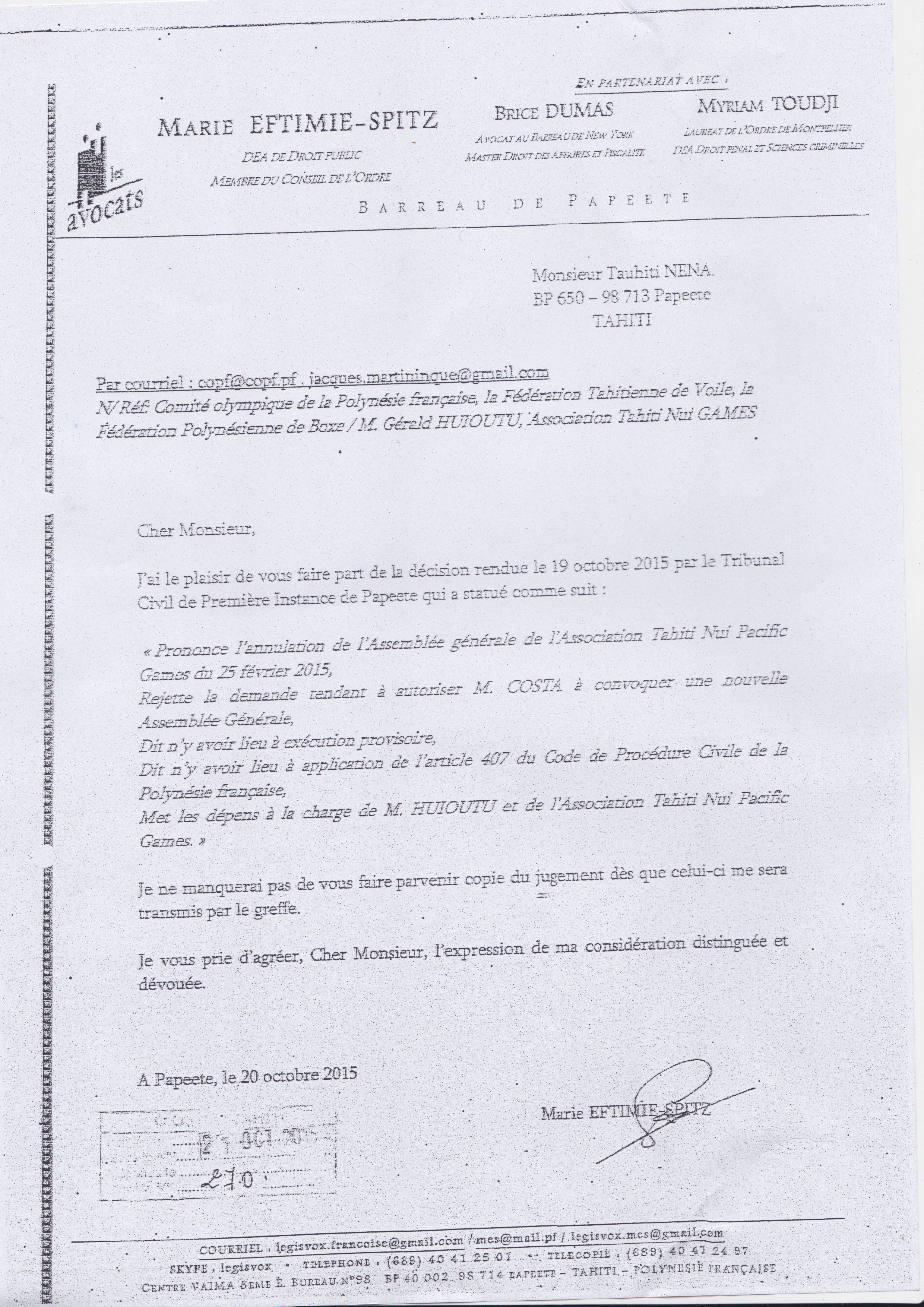 Le mail de l'avocat du COPF