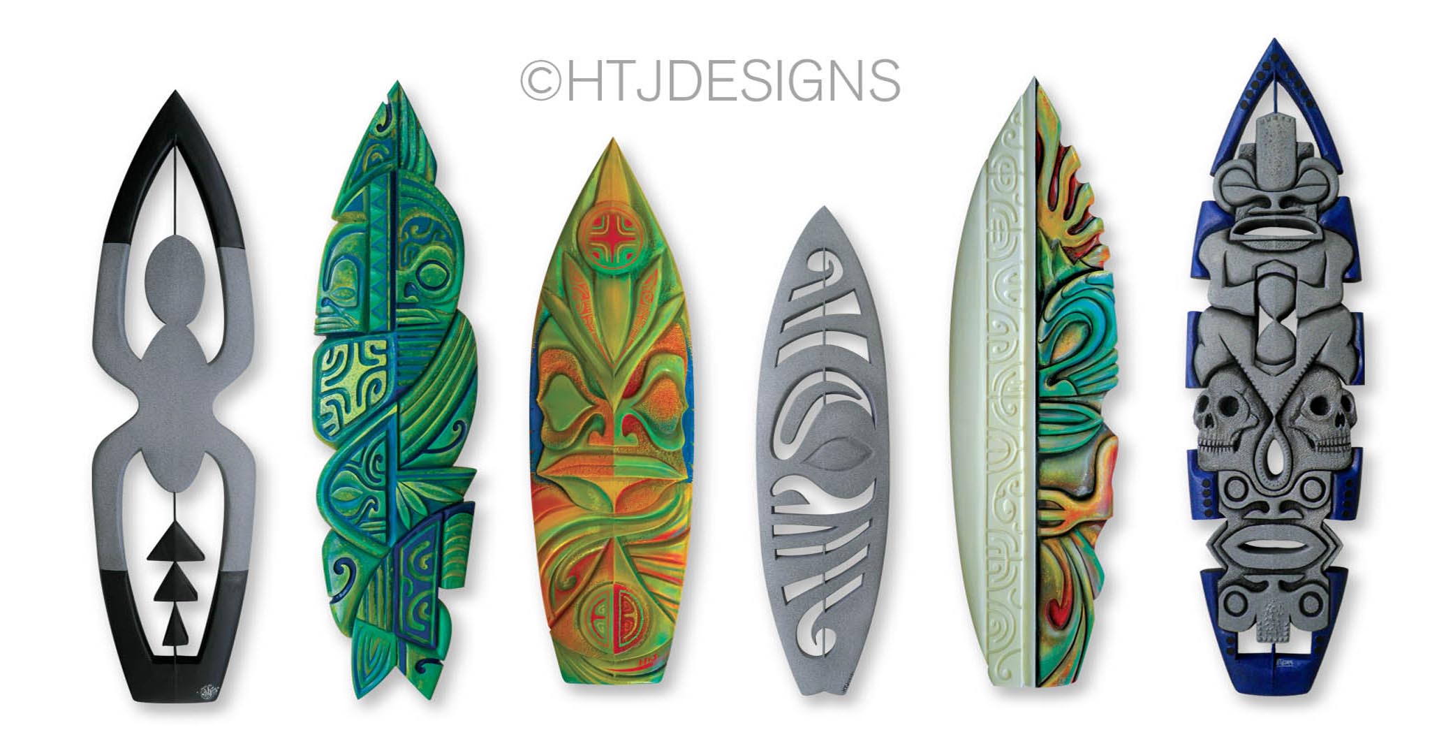 Les planches de surf et les totems sculptés sont les points forts de la nouvelle exposition de HTJ.