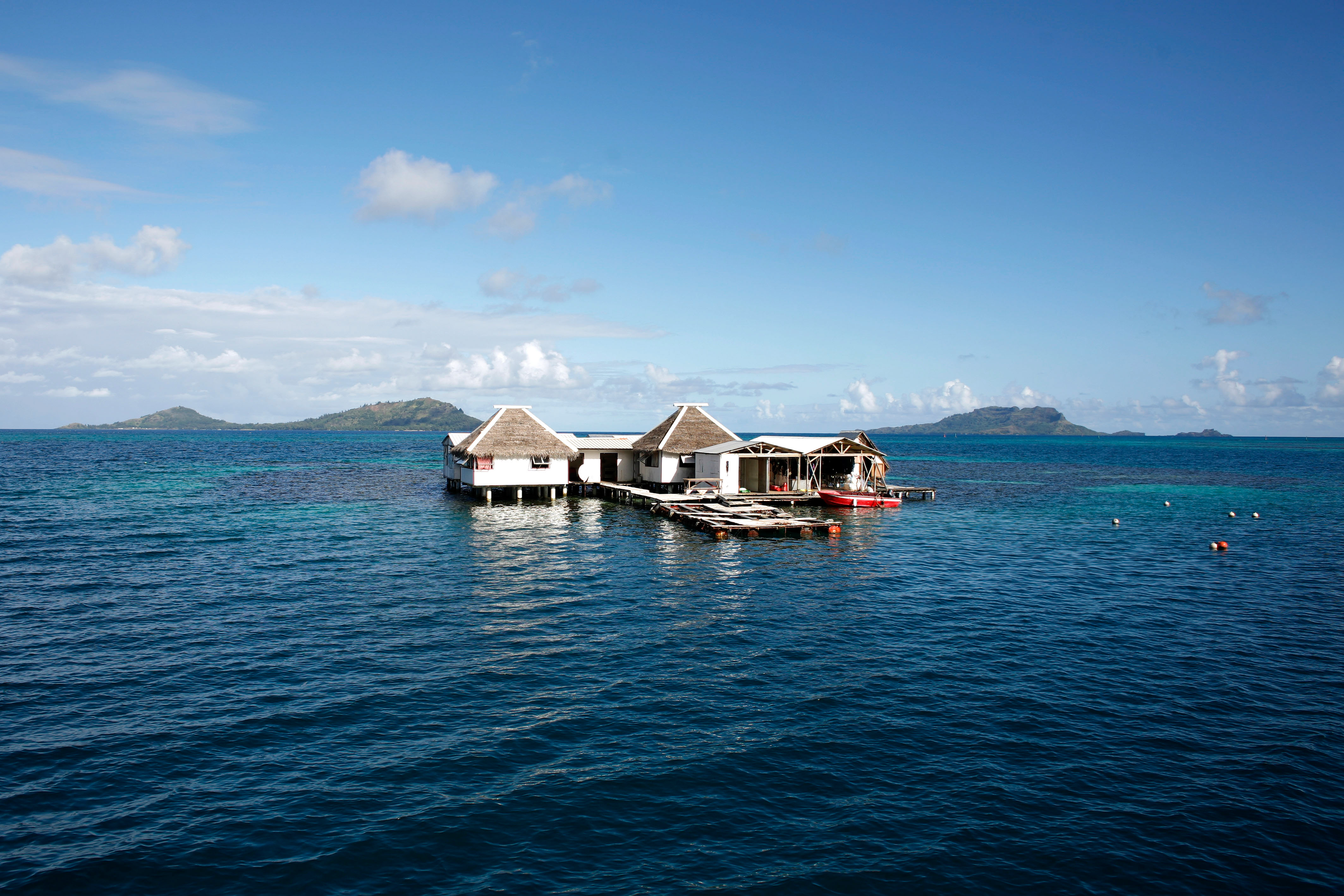 Une ferme perlière dans le lagon de Rikitea. (Crédits : GREGORY BOISSY / AFP).