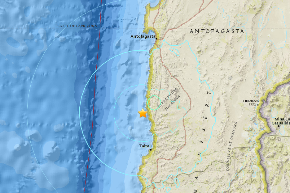 Très fort tremblement de terre côtier dans la région d'Antofagasta  au  Chili