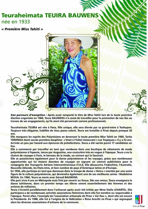 Décès de Teura Bauwens, qui fut la toute première Miss Tahiti en 1960