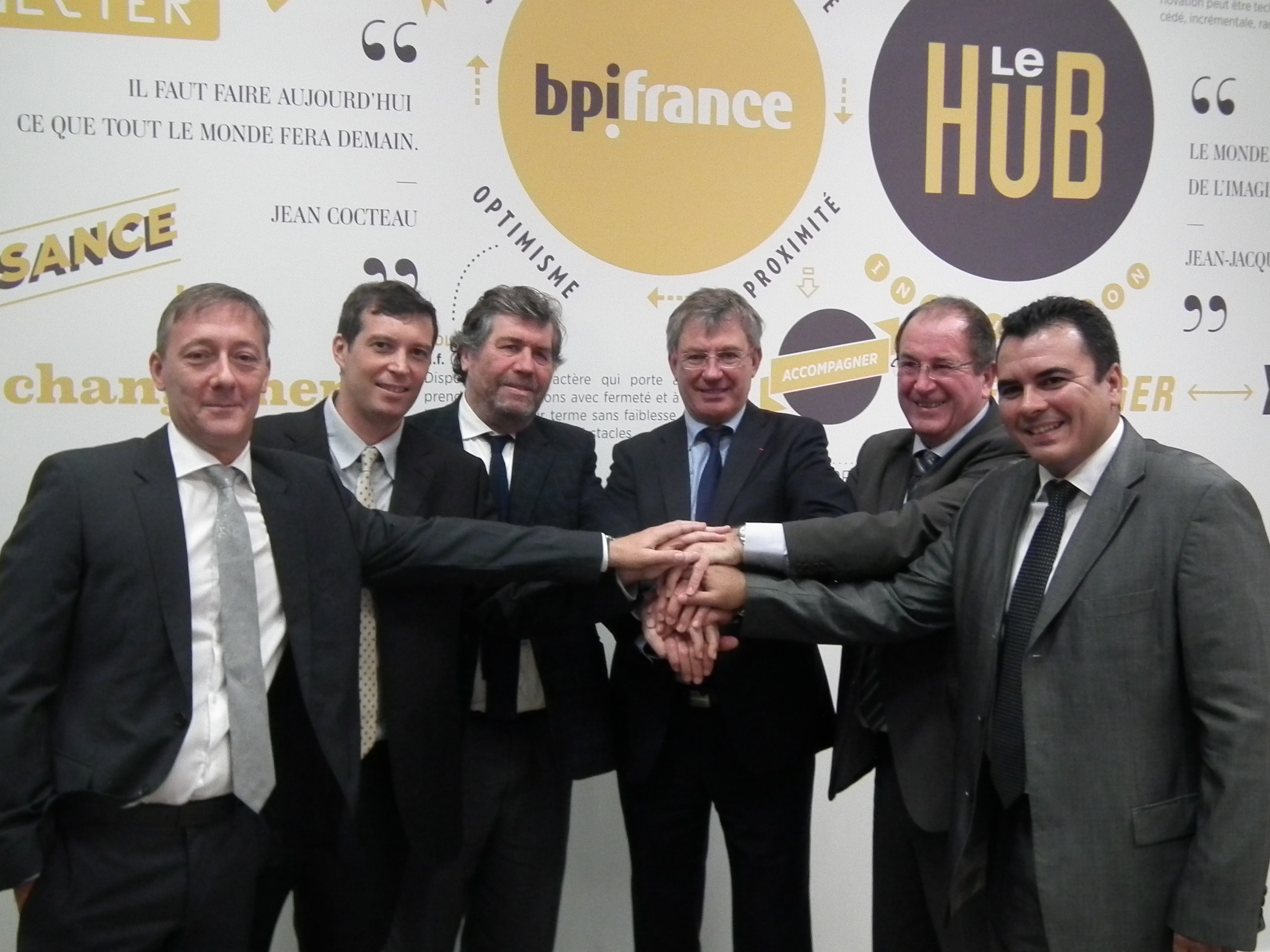 Teva Rohfritsch, le ministre de la Relance économique, avec (à gauche) Nikolaz Fourreau, Président du Conseil d'administration de la Sofidep, Gaspard Toscan Du Plantier, directeur général de la Sofidep et notamment Joël Darnaud, directeur exécutif de Bpifrance.