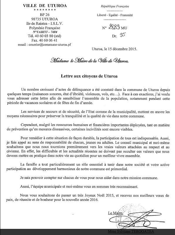 Raiatea : à la veille des fêtes la tavana d’Uturoa en appelle au civisme de ses administrés 