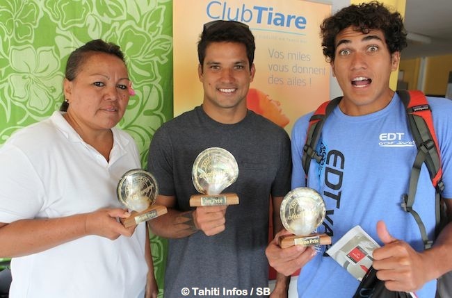 Le podium gagnant de 2015: Anne Caroline Graffe était en deplacement, ici représentée par sa maman, Michel Bourez et Rete Ebb