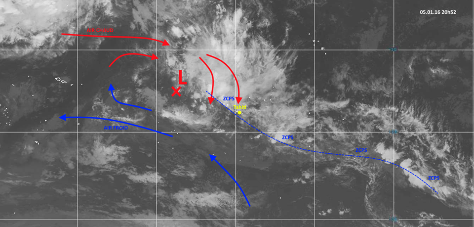 Sur cette image de mardi soir, on peut voir qu'une "rotation des vents semble s'organiser autour d'un centre de basse pression à l'ouest de Bora Bora depuis quelques jours", note le site info-cyclones.com. "Cette situation augmente le risque de formation cyclonique à proximité des îles de Polynésie française. Le phénomène est sous surveillance."
