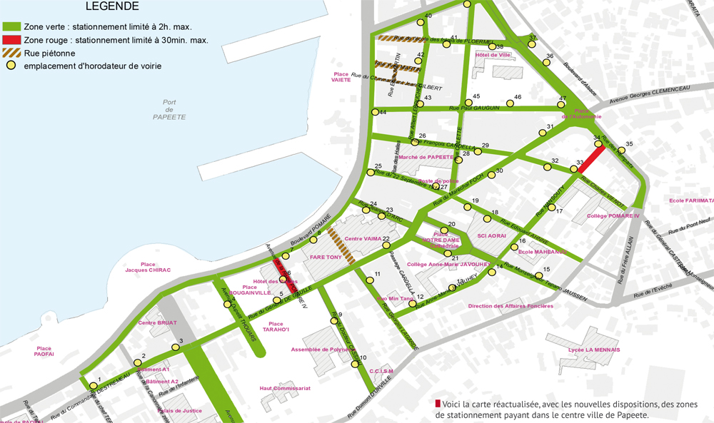 Voici la carte réactualisée, avec les nouvelles dispositions, des zones de stationnement payant dans le centre ville de Papeete.