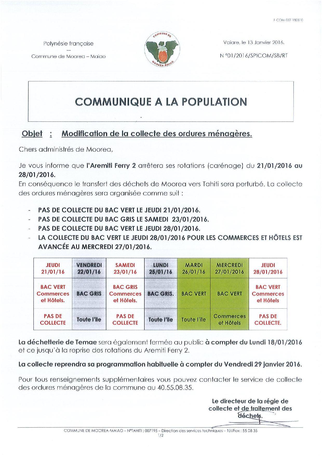 Moorea : La collecte des déchets est modifiée jusqu'au 28 janvier