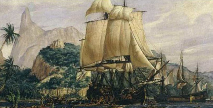 La Boudeuse et l’Etoile à l’ancre à Tahiti. Jeanne Baret restera consignée à bord durant toute l’escale.