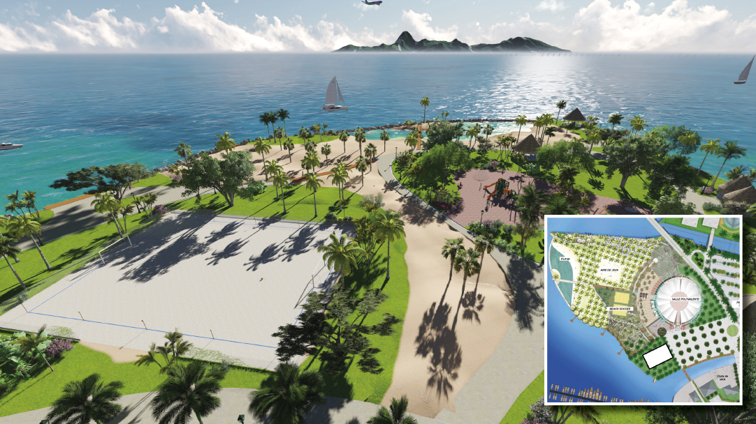 Vue des jardins de Vaitupa d’après le projet présenté lundi par Jean-Christophe Bouissou au conseil municipal de Faa’a. En médaillon, le projet d’implantation de la salle de spectacles Zénith.