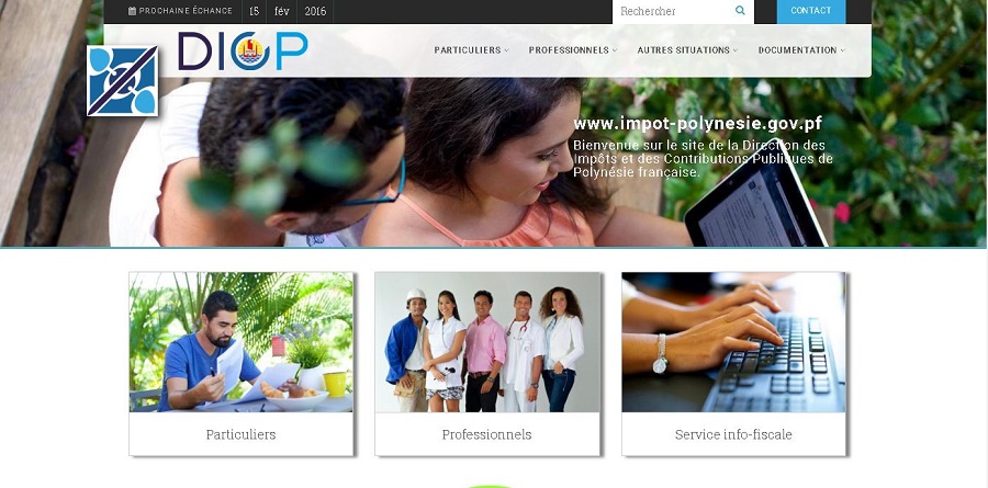 La nouvelle page d'accueil du site internet du service des impôts, la DICP. Le site est désormais plus interactif.