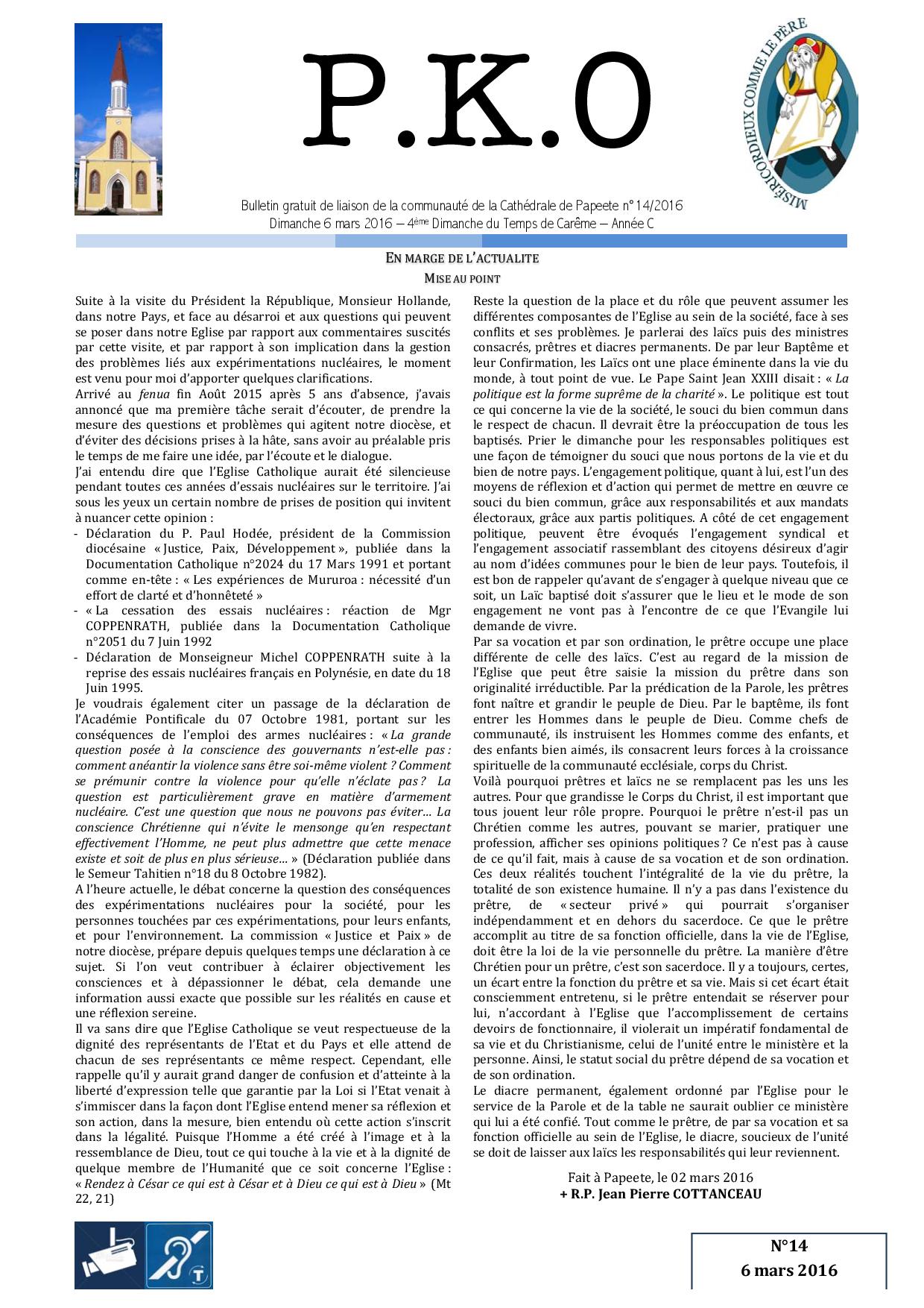 Nucléaire : la "mise au point" de l'administrateur apostolique de Papeete