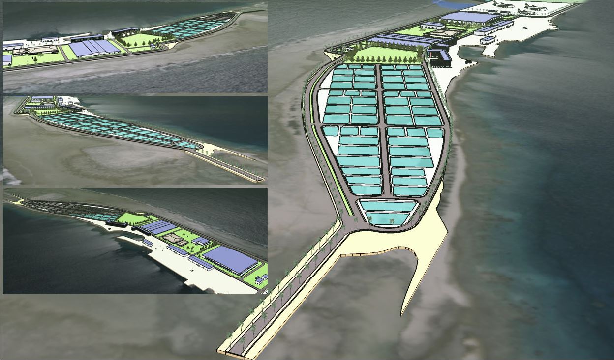 Simulation de la perception visuelle du complexe aquacole de Tahiti Nui Ocean Foods pour un passager aérien qui arrive à Hao.