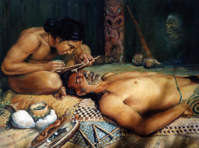 Ancienne interprétation artistique du processus traditionnel de tatouage Ta moko, chez les Māori (de Nouvelle-Zélande et des îles Cook)