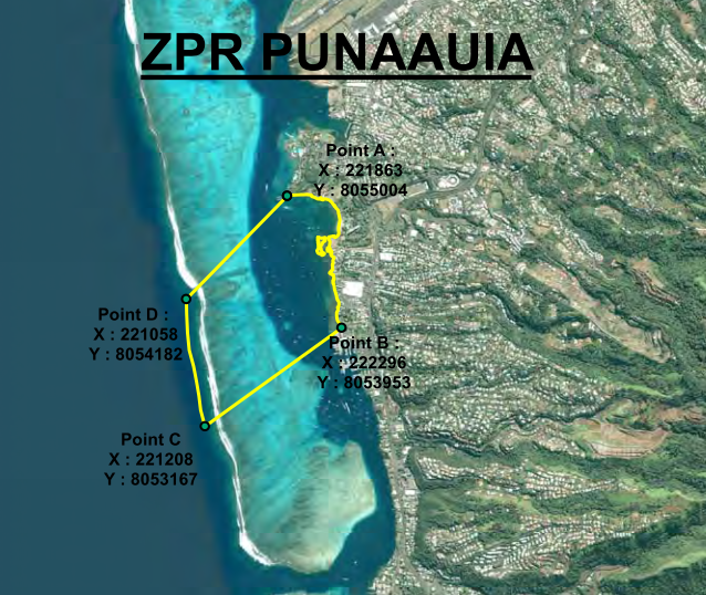 Les zones de pêche réglementée (ZPR) sont des portions délimitées où des règles de pêche spécifiques sont instaurées. Elles constituent un outil efficace pour faire face aux risques de surexploitation des lagons en réduisant les pressions de pêche. Ici, la Pointe Tata'a.