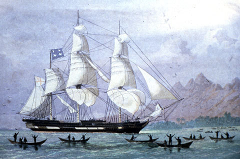 Illustration de l'arrivée du Duff à Tahiti, le 5 mars 1797.