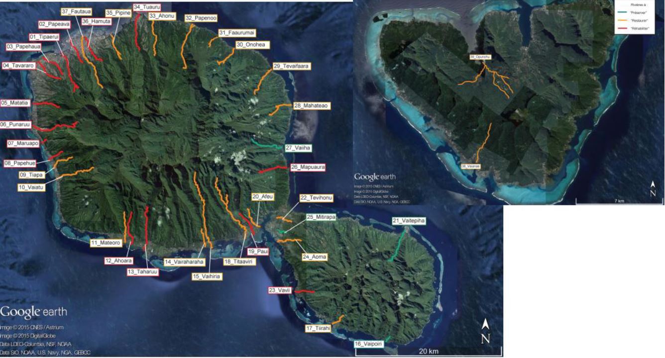 Les rivières de Tahiti et Moorea : en rouge les rivières dont l'état de santé est pauvre, en orange celles dont l'état de santé est moyen. En bleu, celles qui ont une santé excellente.