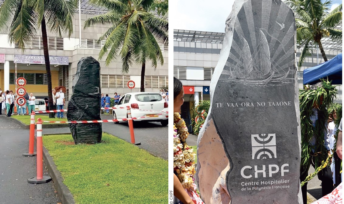 En janvier 2023, la pierre était toujours bâchée à l'entrée de l'hôpital... Elle a été inaugurée ce lundi, un va'a remplaçant le portrait de Jacques Chirac initial.