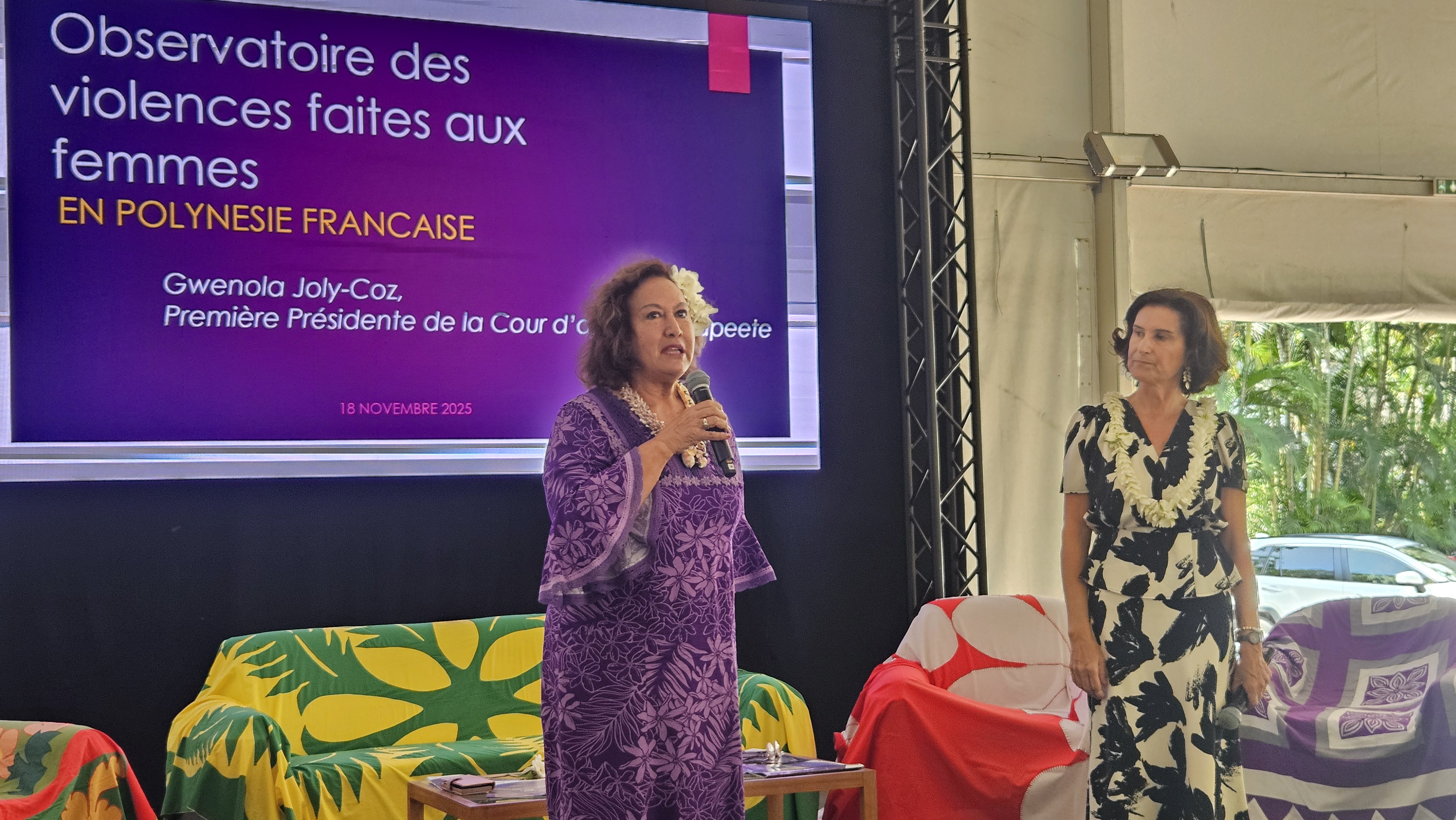 Gwenola Joly-Coz, première présidente de la cour d’appel de Papeete, et Chantal Galenon, vice-présidente du Pays, ont présenté les chiffres des violences faites aux femmes en Polynésie française hier à la présidence.