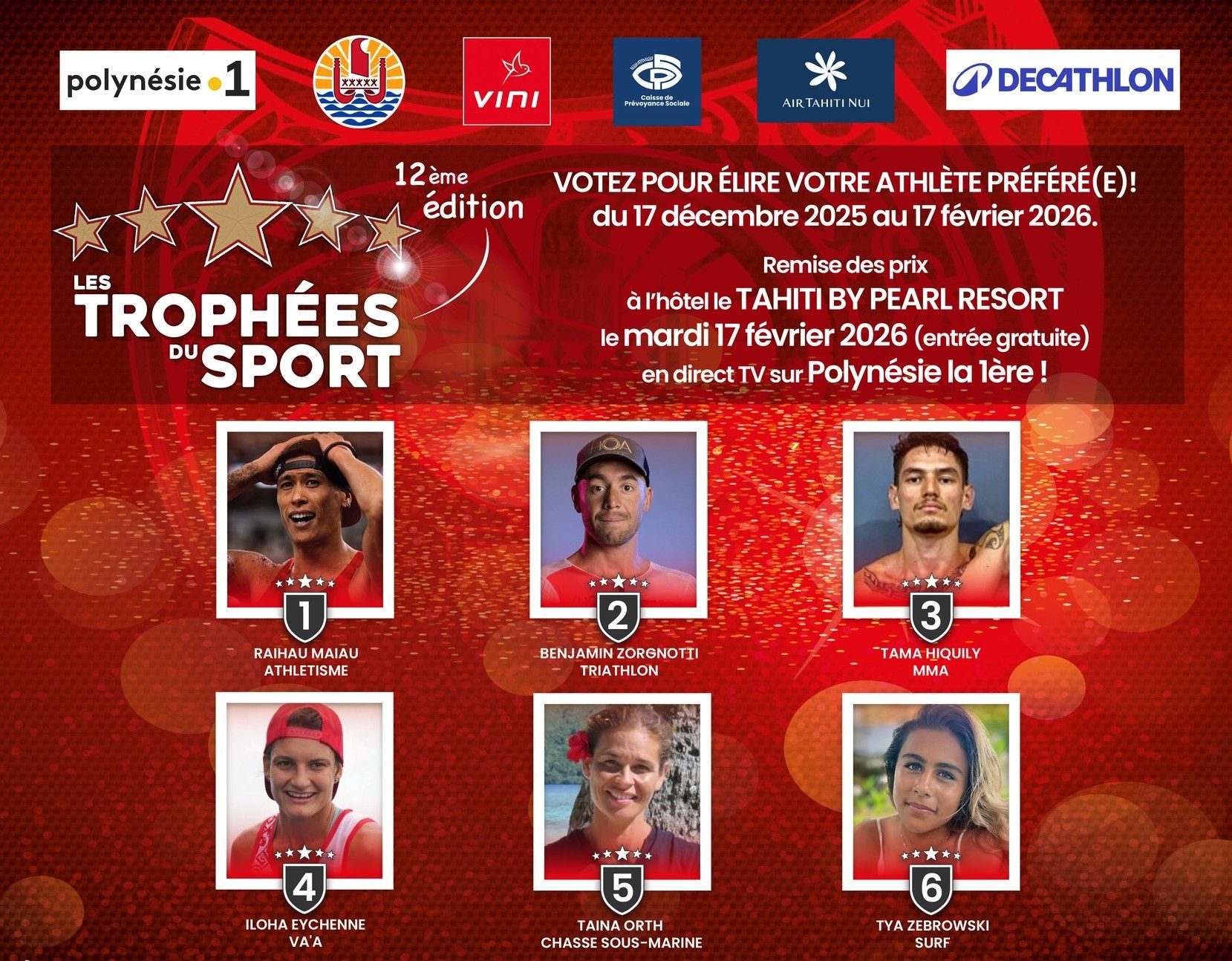 Les six candidats aux prix du meilleur athlète masculin et de la meilleure athlète féminine de l’année 2025.