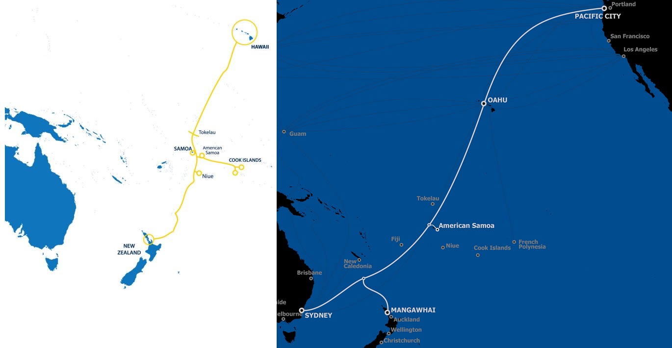 Les deux projets de câble sous-marin passent de chaque côté de la faille des Tonga. Moana à gauche, Hawaiki à droite.