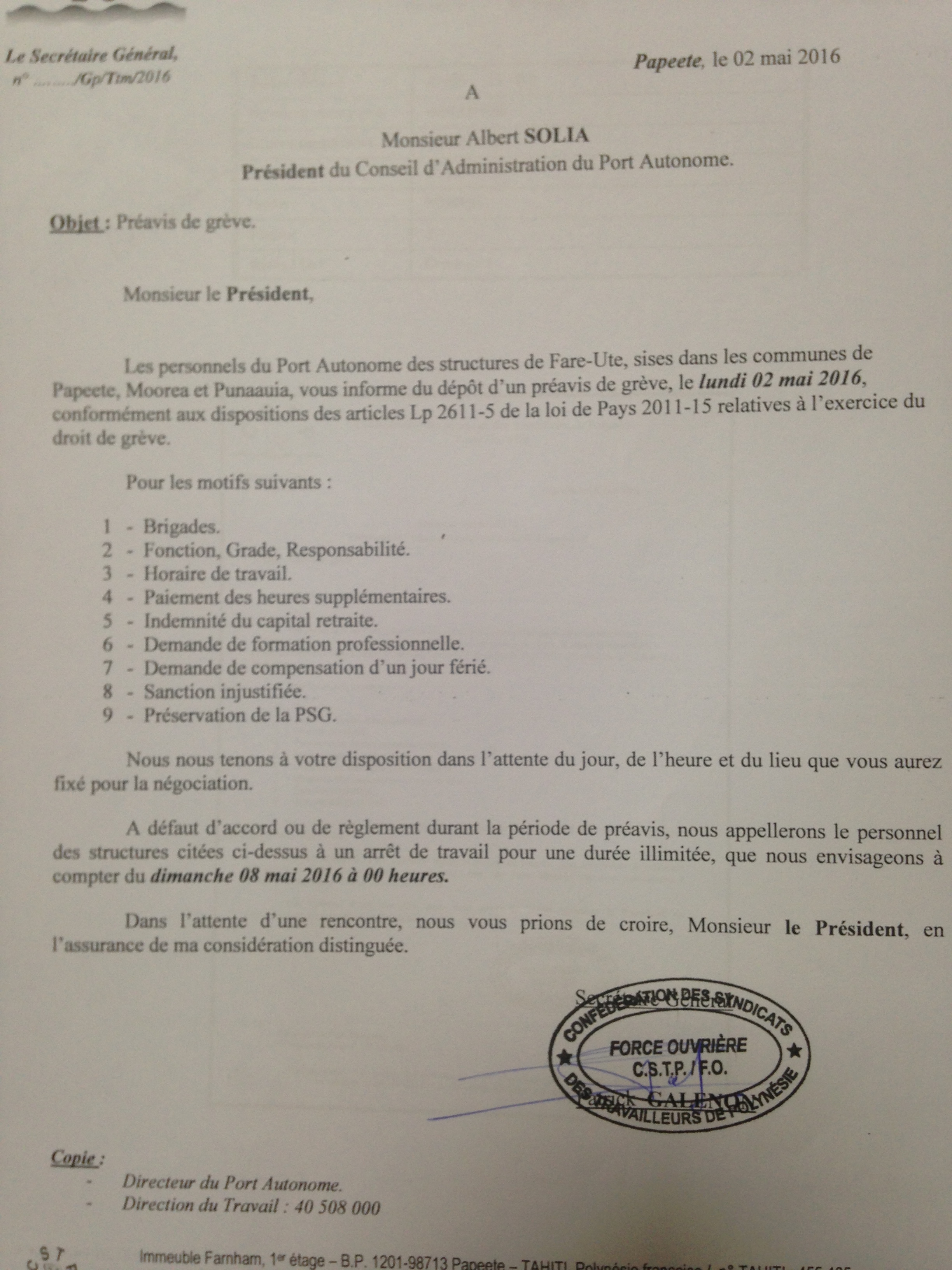 Voici le préavis de grève qui a été déposé lundi dernier par la CSTP-FO