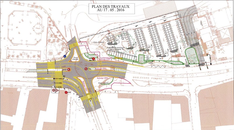 Plan de circulation à compter de ce jeudi 19 mai 2016. Les feux tricolores se mettent en place mais tous les travaux ne sont pas encore terminés (la finition des îlots centraux notamment).
