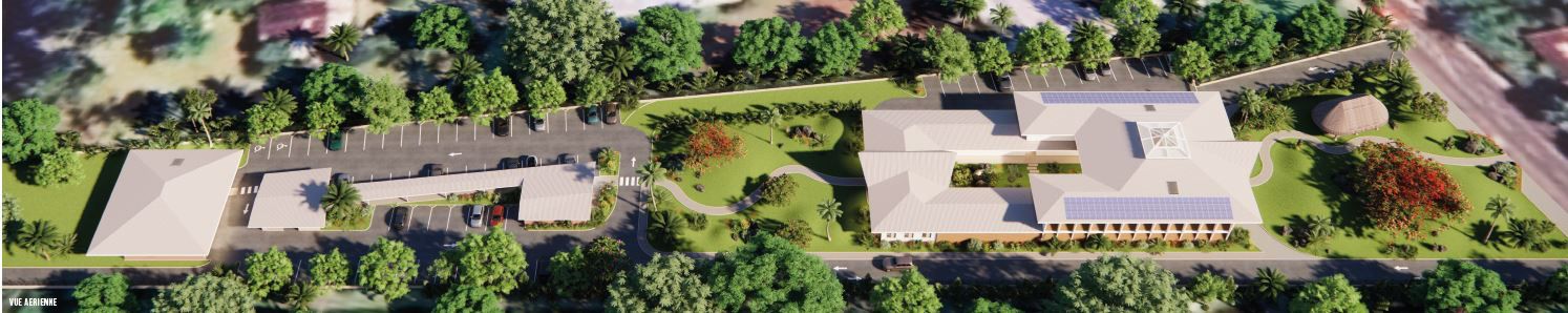 Vue aérienne des bâtiments, jardins et parkings.