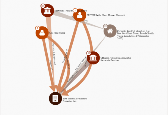La fiche publiée par l'ICIJ sur laquelle est figuré le montage faisant apparaître le lien entre Manuarii Fritch et la société offshore Elite Success Investments Properties, basée aux îles Vierges britanniques.
