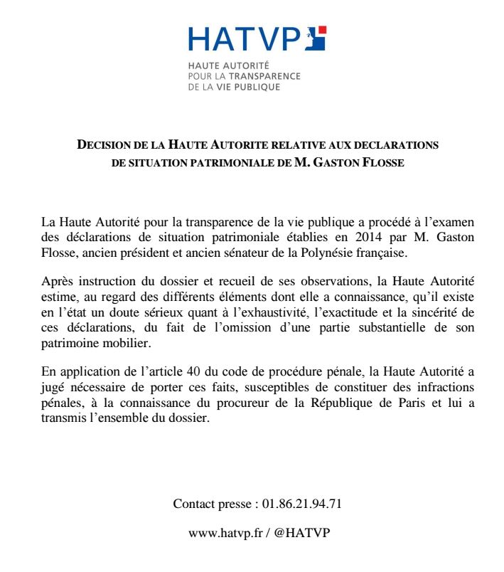Patrimoine de Gaston Flosse : la Haute autorité pour la transparence saisit la justice (màj)
