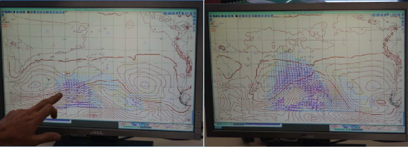 Sur ces deux photos, on peut apercevoir l'évolution de la houle qui arrivera par le sud-ouest, dès dimanche soir aux Australes. Elle se déplacera vers l'archipel de la Société, les Gambiers et le sud des Tuamotu.