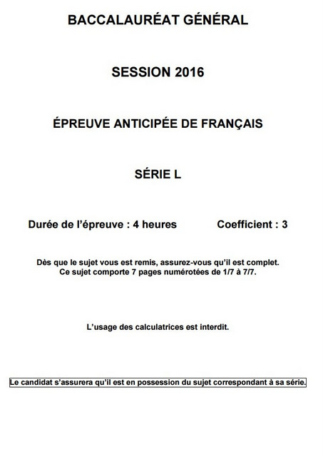 sujet des épreuves anticipées de Français de la série L