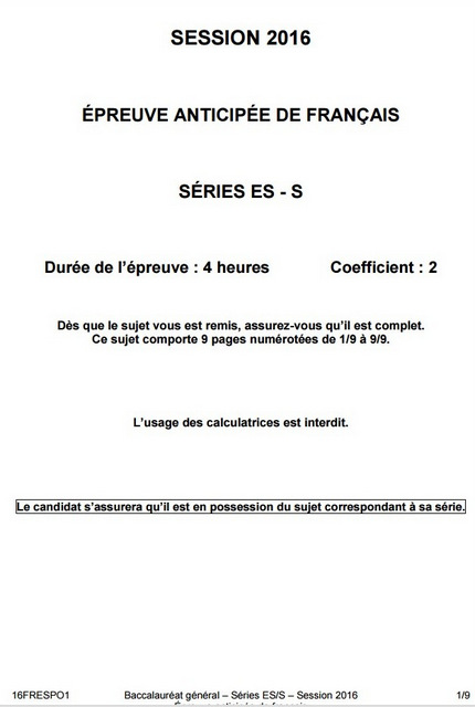 sujet des épreuves anticipées de Français de la série ES-S