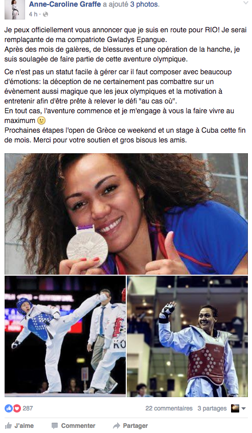 Anne-Caroline Graffe sur les banc des jeux olympiques à Rio