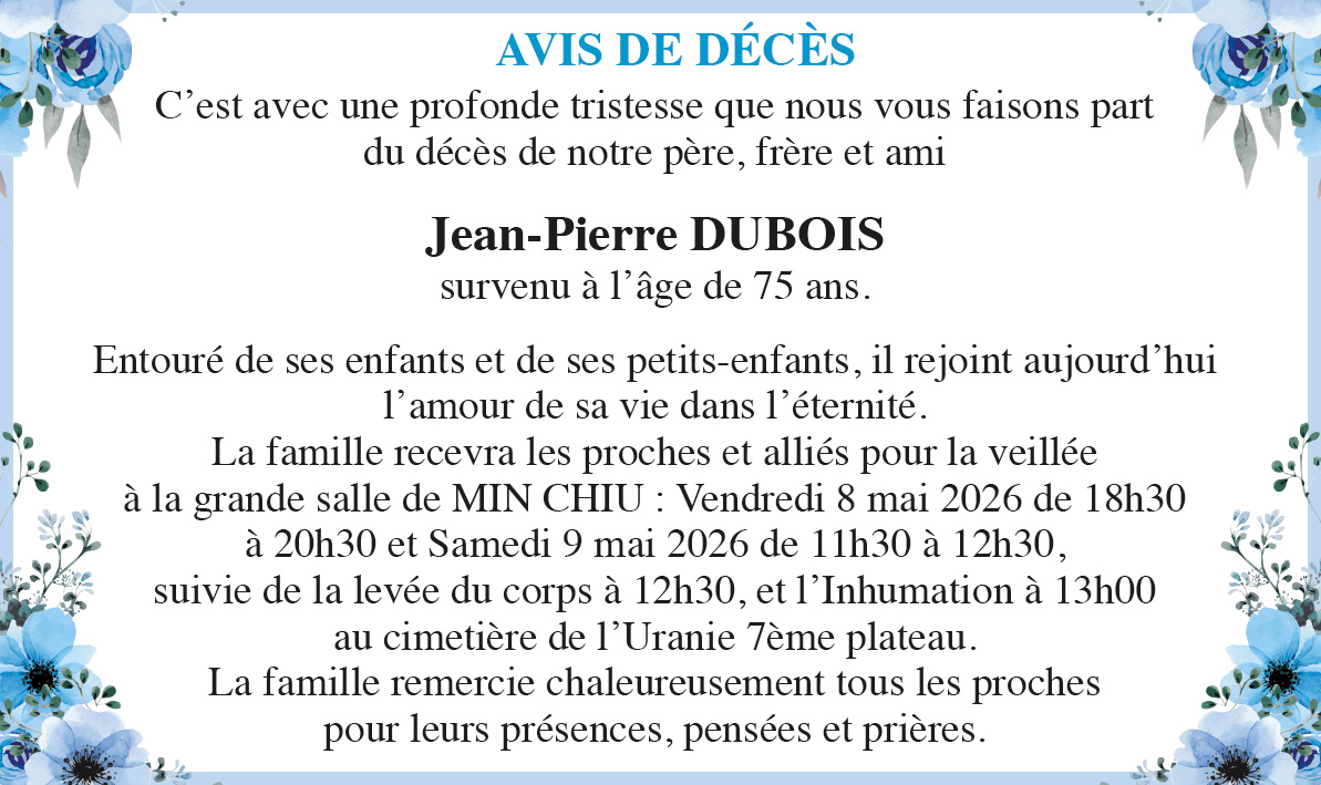 AVIS DE DECES de Monsieur DUBOIS Jean-Pierre