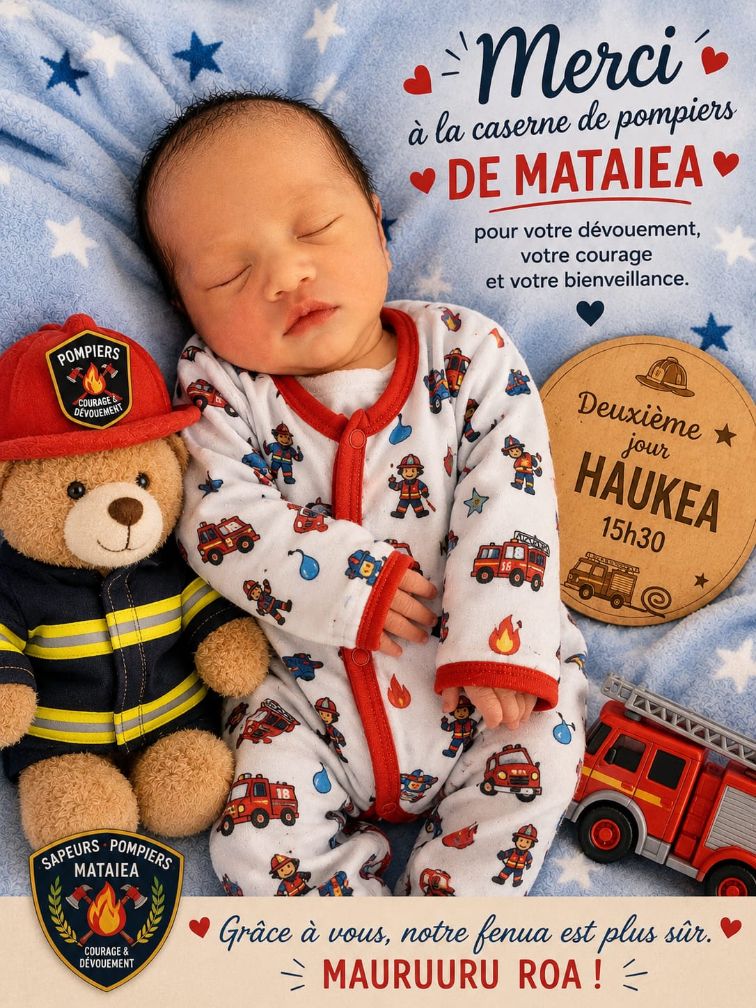 Un faire-part de naissance sur-mesure pour le petit garçon qui rêvera peut-être un jour de devenir pompier à son tour.