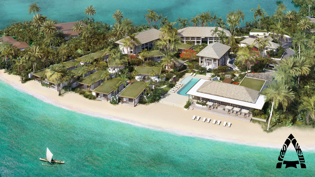 Vue aérienne du futur complexe hôtelier sur la pointe Poriro de Toahotu (Crédit : Toahotu Resort).